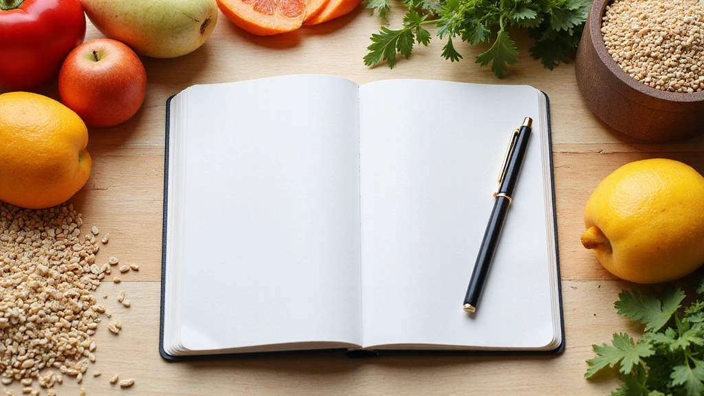 Un quaderno aperto con penna e cibi sani come frutta, verdura e cereali integrali disposti intorno, simbolo di apprendimento e conoscenza sulla nutrizione.