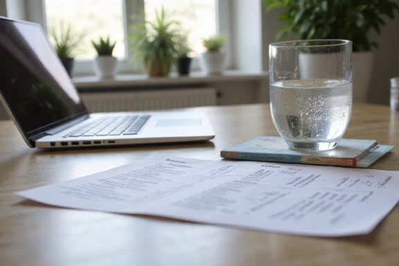 Dettaglio di una scrivania ordinata con materiali informativi sulla nutrizione.