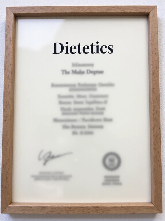 Diploma di laurea in Dietistica incorniciato, con dettagli sfocati per privacy.