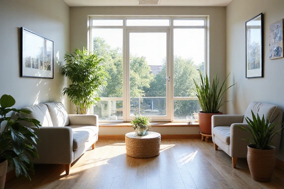 Interno moderno e pulito dello studio di un nutrizionista con piante e luce naturale.